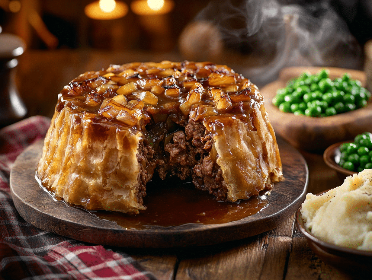 Hearty British Beef And Onion Suet Pudding For Comfort