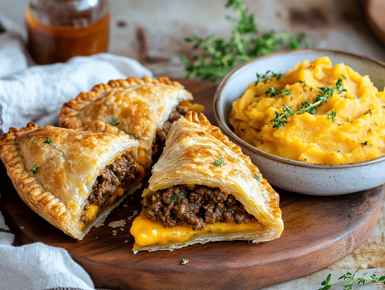 Savory Minced Beef And Cheese Pies With Kumara Mash