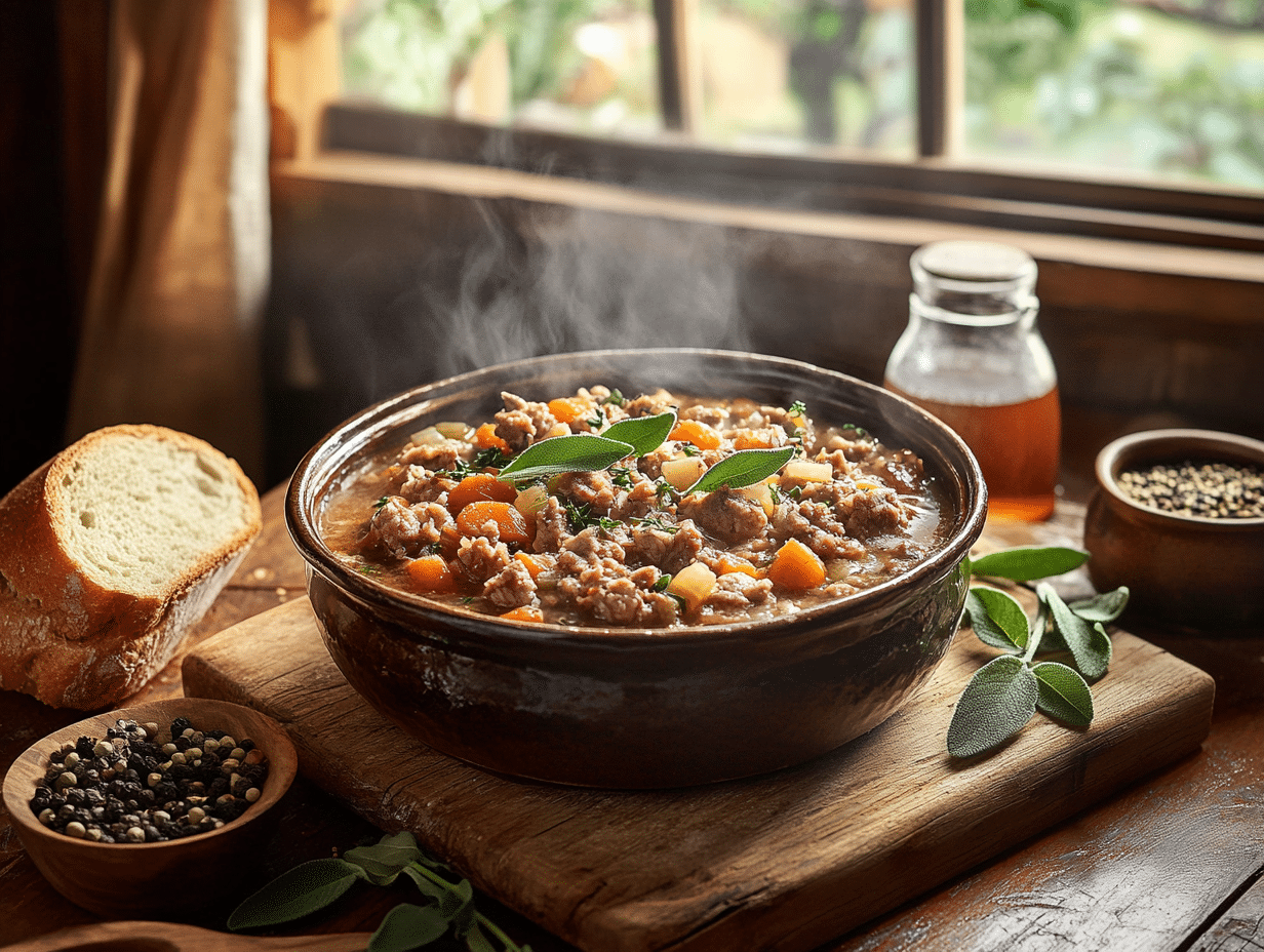 Rustic English Pork Hotpot Bursting With Fresh Sage Flavor