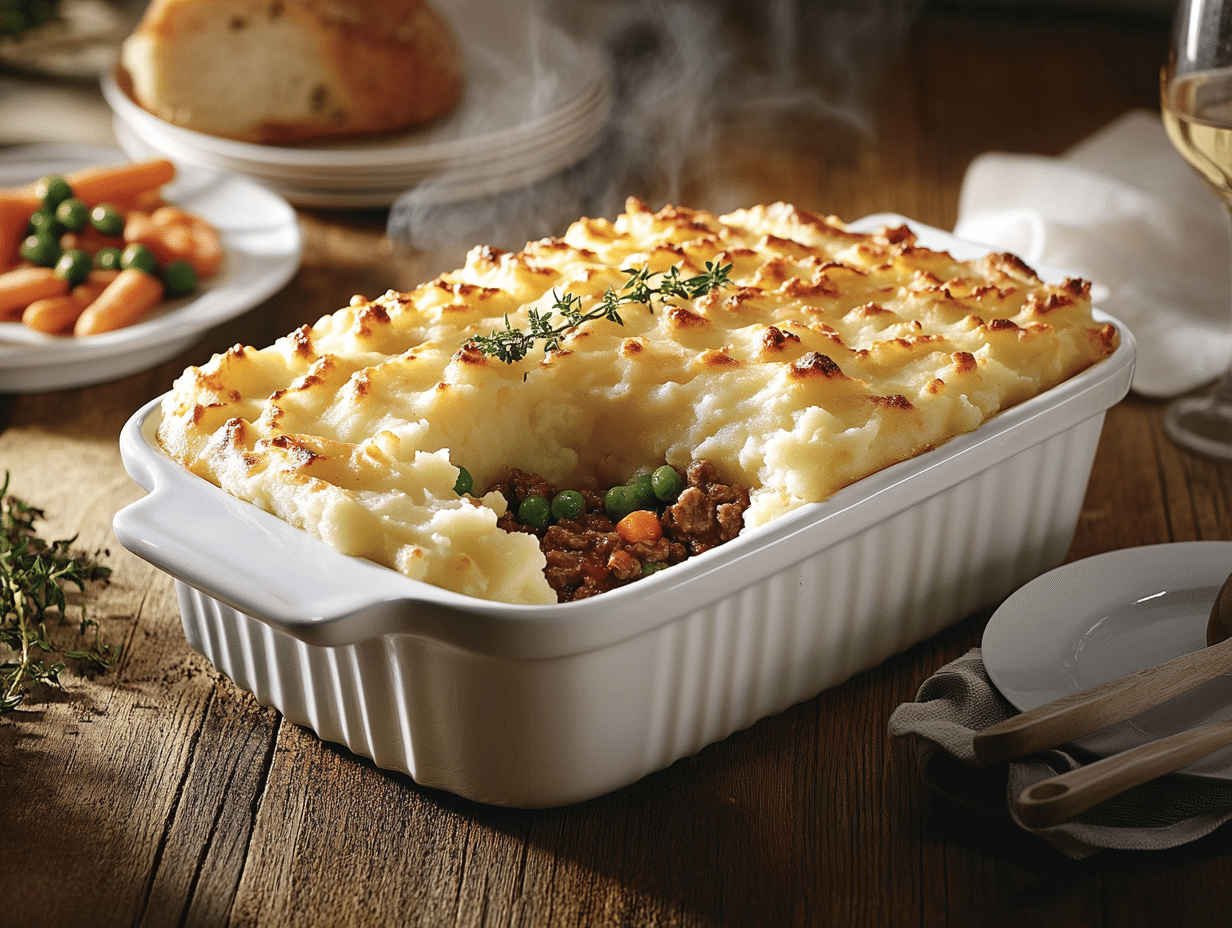 Hearty British Beef Casserole Topped With Golden Potatoes
